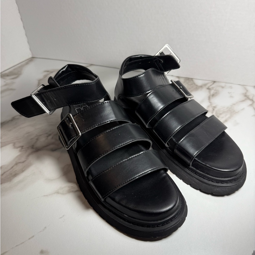 No Boundaries Black Chunky Sandals with Silver Buckles